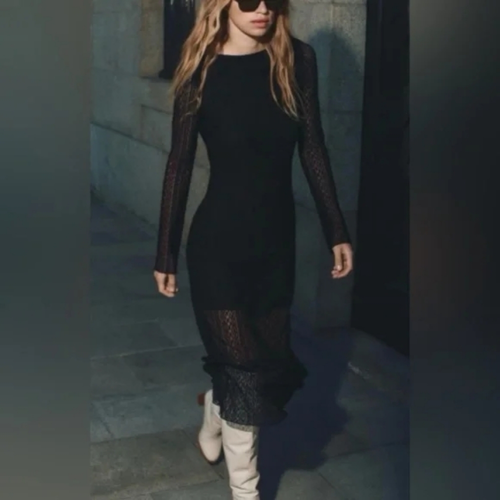 Zara Backless Long Sleeve Dress in Black Lace Excellent Condition Size S